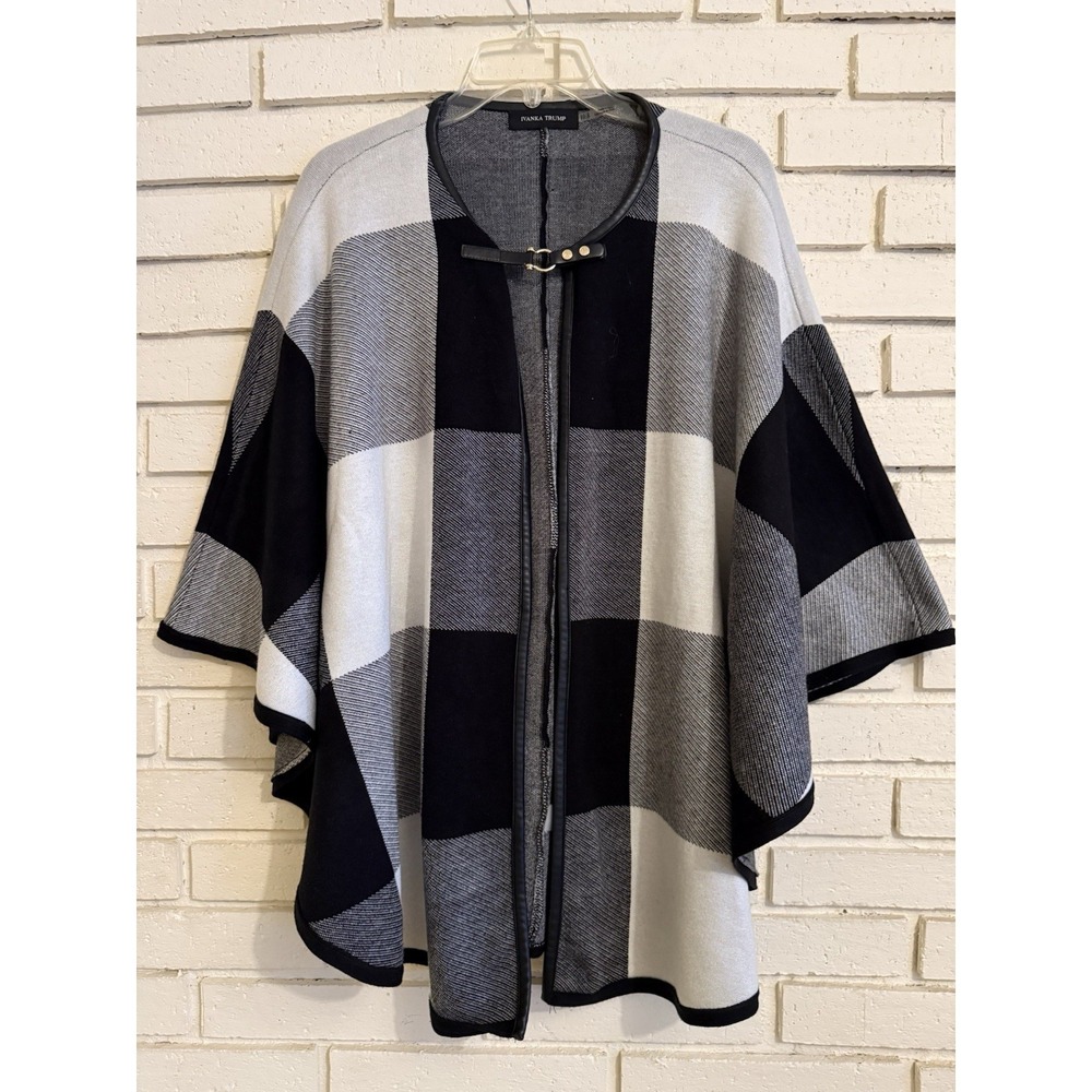 Ivanka Trump Black & Gray‎ Plaid Poncho Cape Faux Leather Trim Sz XS/S